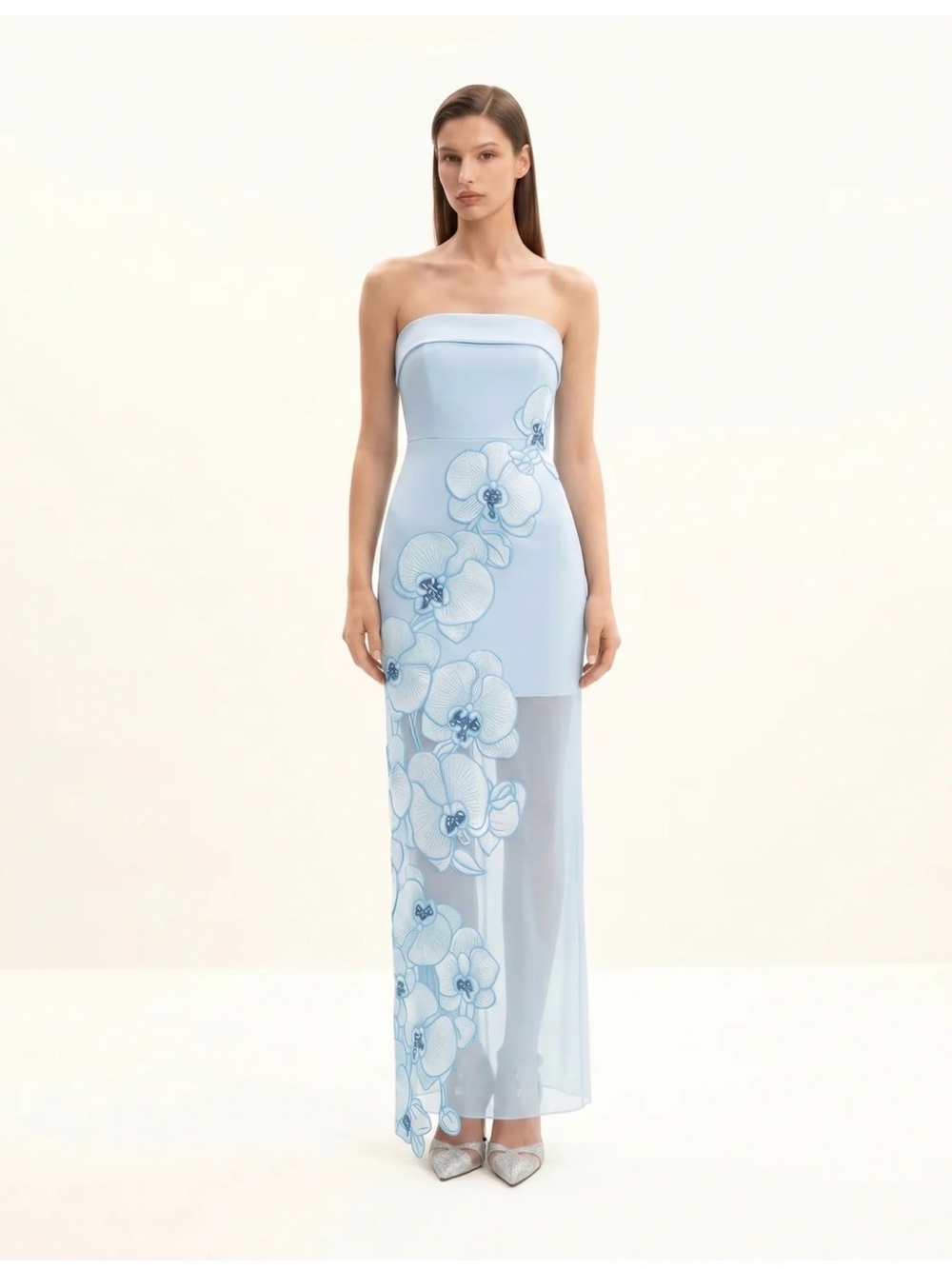 JW PEI Strapless Pale Blue Floral-Appliqué Maxi Dress